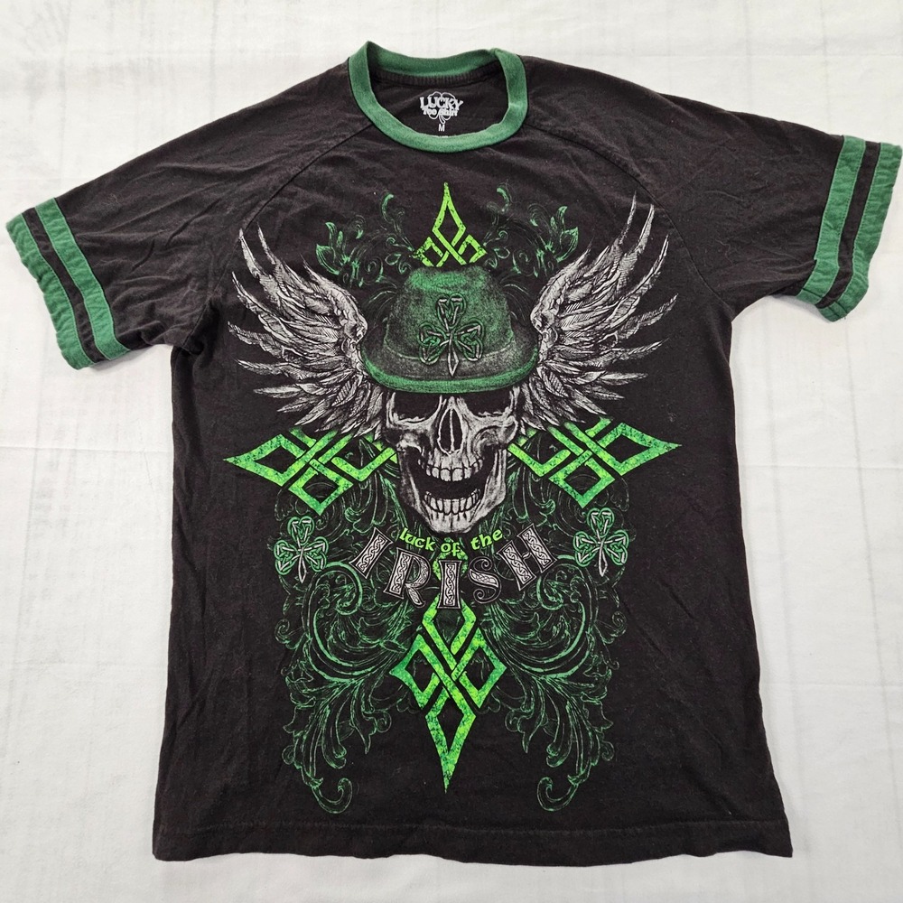 Luck of the Irish Skull Black Short Sleeve Cotton T-Shirt Men's M